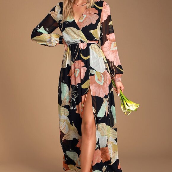 Lulus Wondrous Water Lilies Black Floral Print Maxi Dress - Size M - Picture 1 of 11